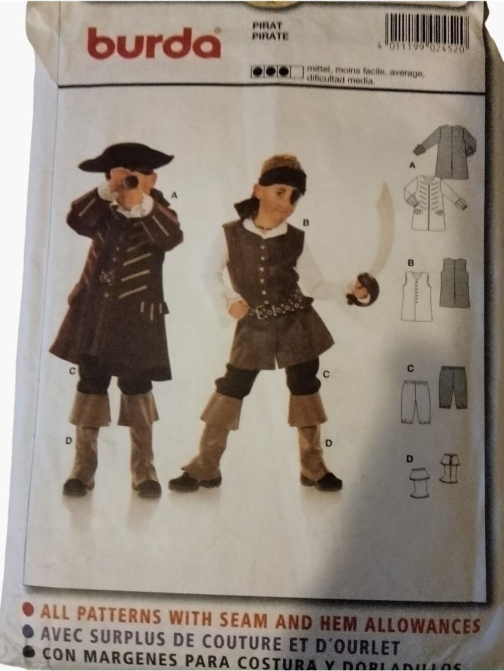 Halloween Pirate Costume Sewing Pattern Burda 2452 Size 4 to 10 Uncut
